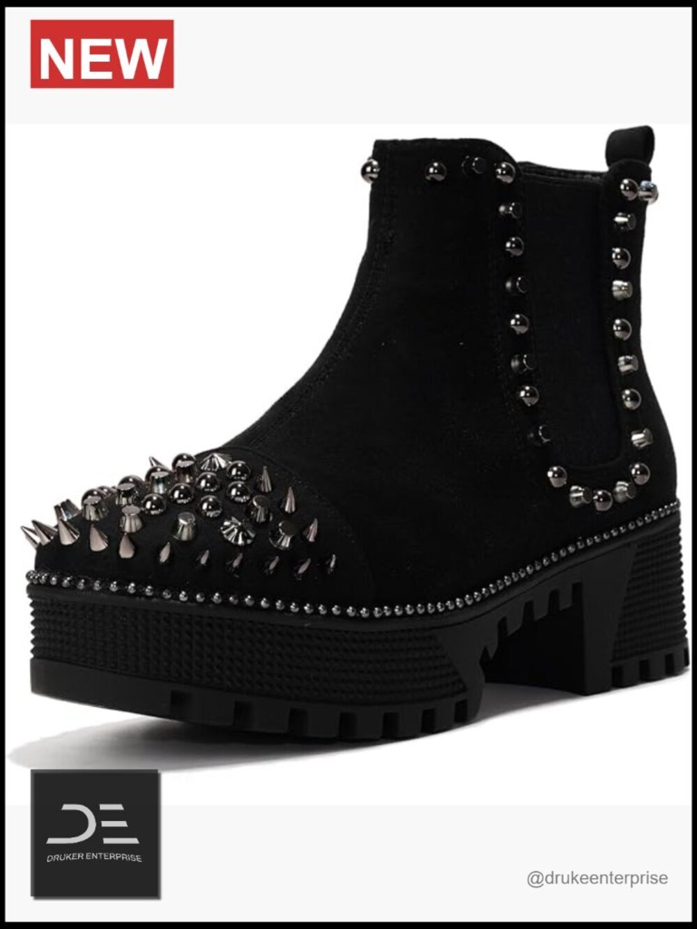 Spiky Platform Combat Boots with Gold Studs and Rhinestones